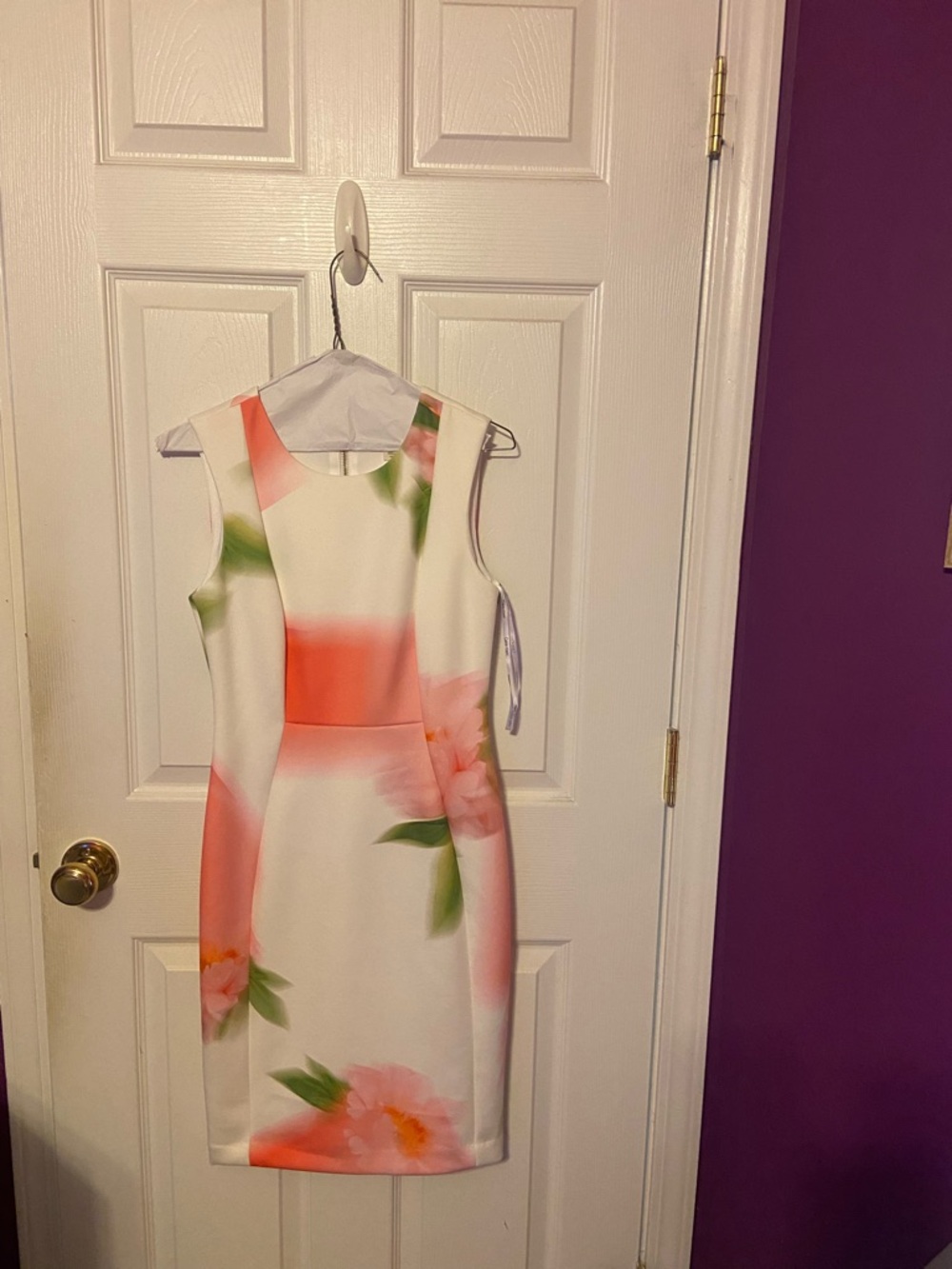 Calvin Klein White Sheath Dress with Coral and Green Floral Accents